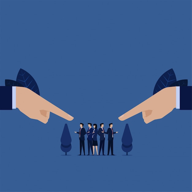Business wees door tweehandig team argument zelfverdediging tegen schuld voor fout.
