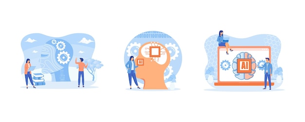 business with gears at huge cyborg head artificial intelligence concept digital brain with neural network on laptop screen set flat vector modern illustration