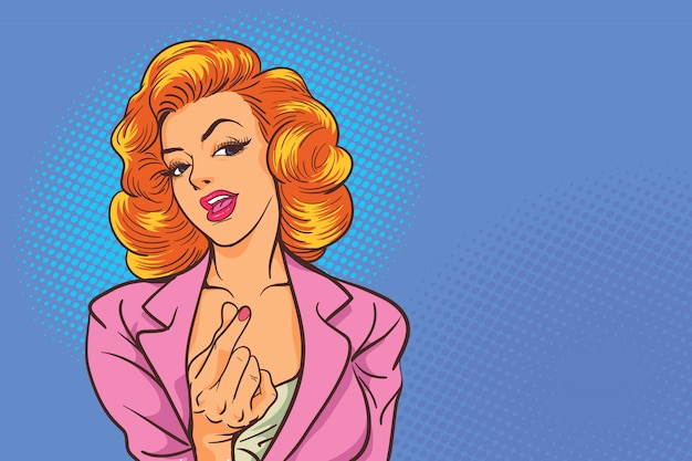 ビジネスの女性アクションセクシーは、ポップなアートコミックスタイルでミニ心のサインを示しています。