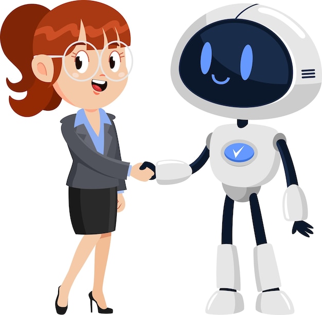Vector business woman and ai robot cartoon characters shaking hands at meeting