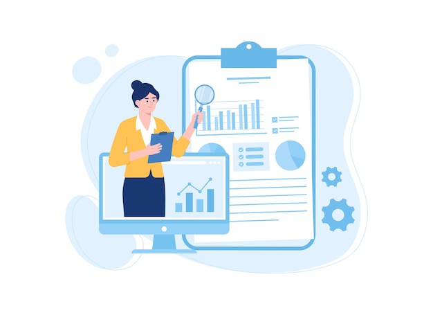 Business woman analyzing office financial data graph concept flat illustration