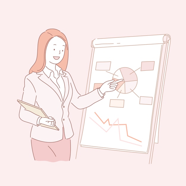 Business woman analyzing pie chart in line style illustration