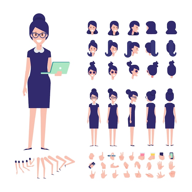 Vector business woman for animation various hairstyles emotions and gestures flat vector