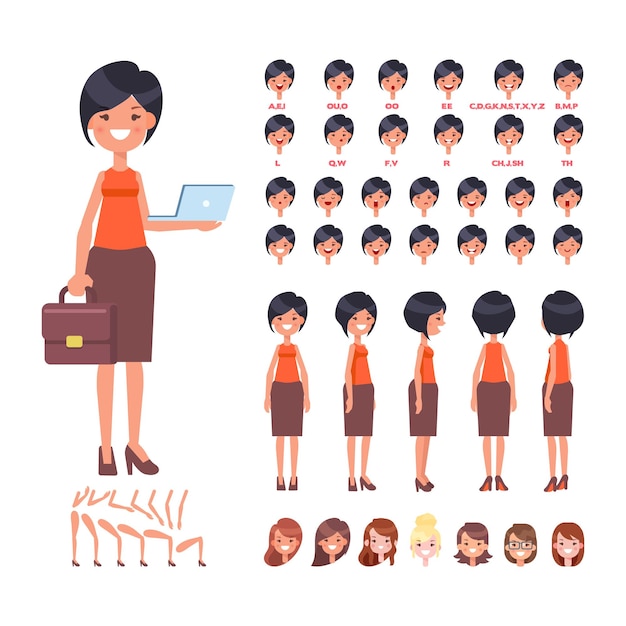 Business woman for animation various hairstyles emotions and gestures flat vector