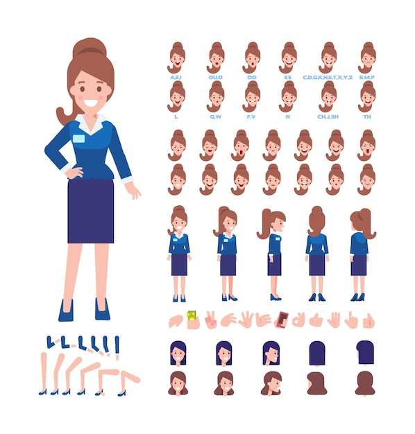 Business Woman for animation Various hairstyles emotions lip sync and gestures flat vector