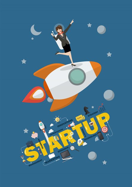 business woman astronaut standing on a rocket