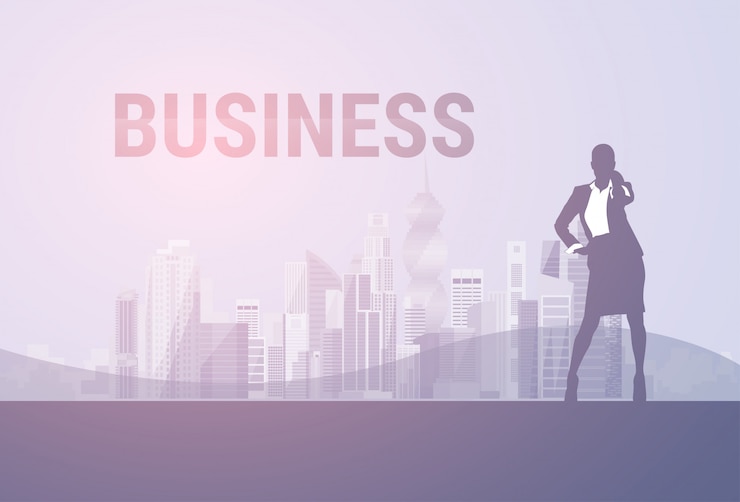 Vector business woman black silhouette full length speak cell smart phone call over city background