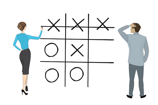 Business woman and businessman play tic tac toe game isolated on white background stock vector