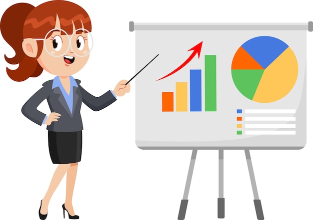 Business Woman Cartoon Character Pointing Progressive Pie Chart On A Board