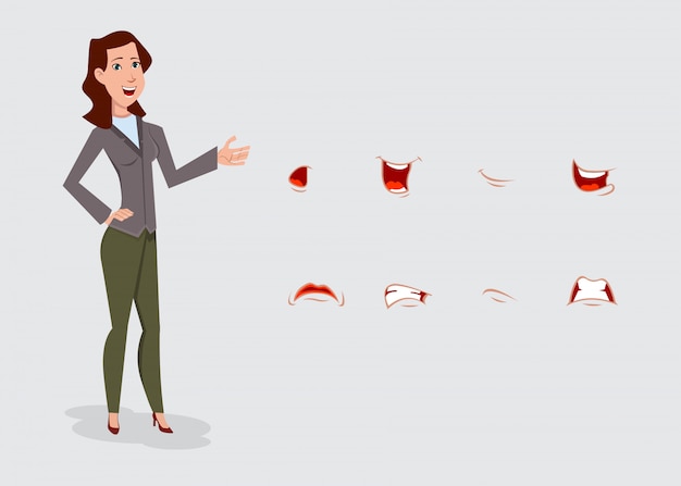 Business woman cartoon character set with various facial emotions.