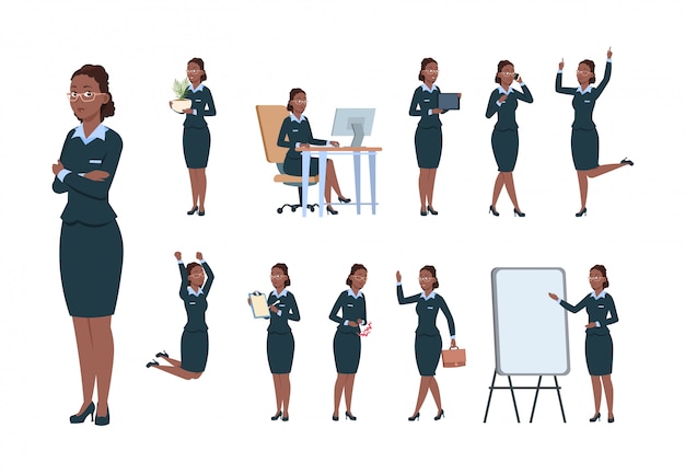 Business woman character. Afro-american office professional worker female in different poses of activity. Cartoon secretary vector set