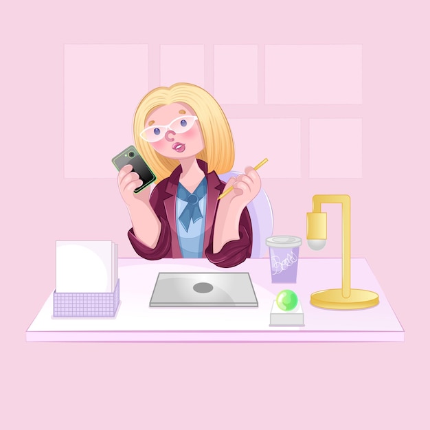 Business woman character blonde girl working in her office