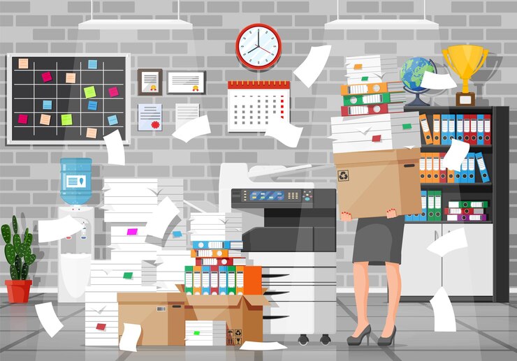 Vector business woman character in office in bunch of papers. tired businesswoman or office worker on workplace. stress at work. bureaucracy, paperwork, deadline. vector illustration in flat style