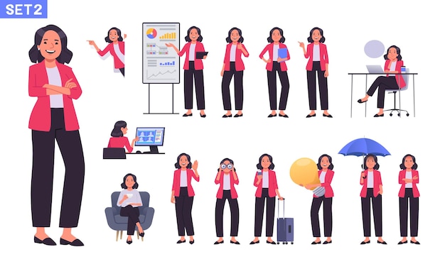 Vector business woman character set different poses gestures actions makes presentation _ai_generated