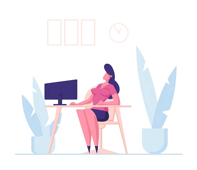 Vector business woman character sitting at office workplace and looking on computer