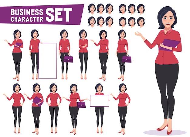 Vector business woman character vector set with professional young female employee or teacher