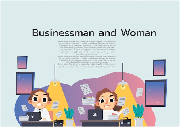 Vector business woman character with his work set