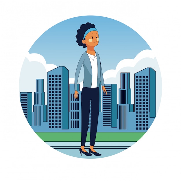 Business woman in the city round icon 