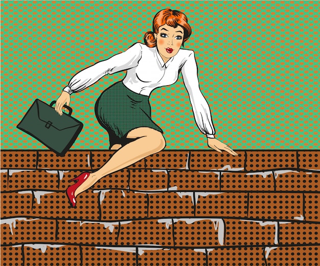 Business woman climbing over fence in pop art style