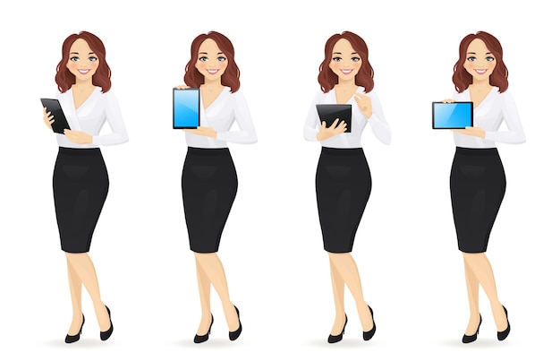 Business woman in different poses with tablet set isolated vector illustration