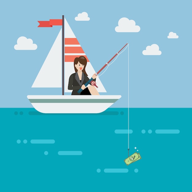 Vector business woman fishing money