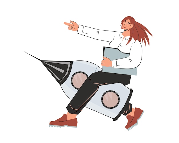 Business woman flying on rocket as metaphor of achieve career goals and success Businesswoman starting a new venture or aiming for career advancement flat vector illustration isolated