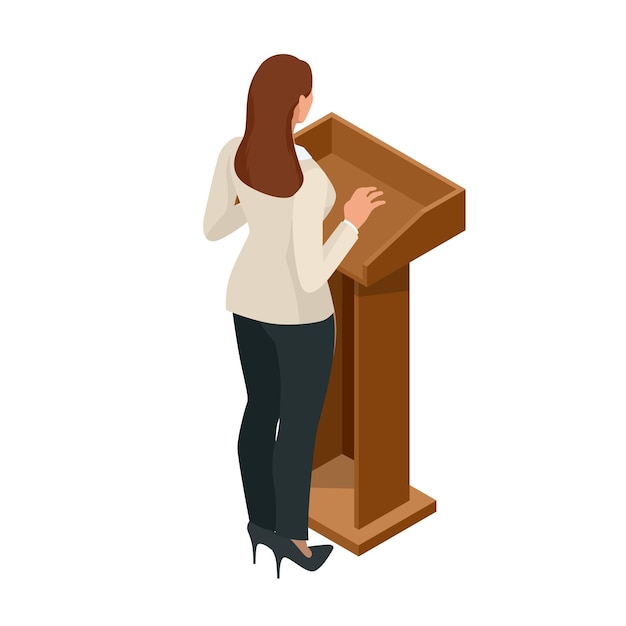 Business woman giving a presentation in a conference or meeting setting. Orator speaking from tribune vector illustration