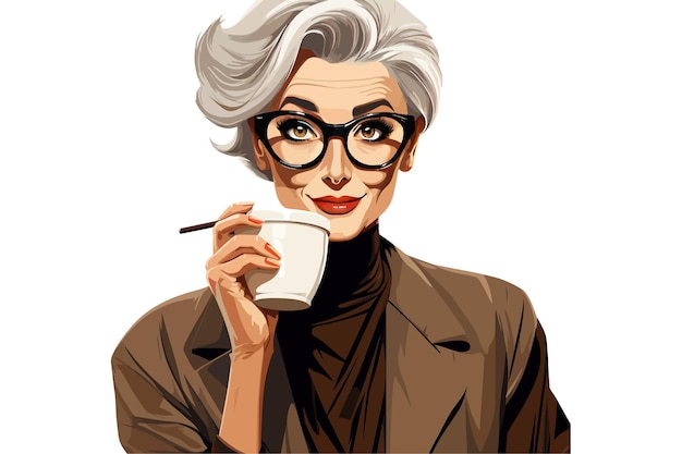 Donna d'affari con occhiali che beve caffè pop art retro disegno di illustrazione vettoriale