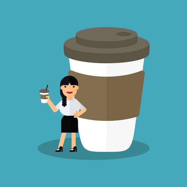 Vector business woman has coffee break