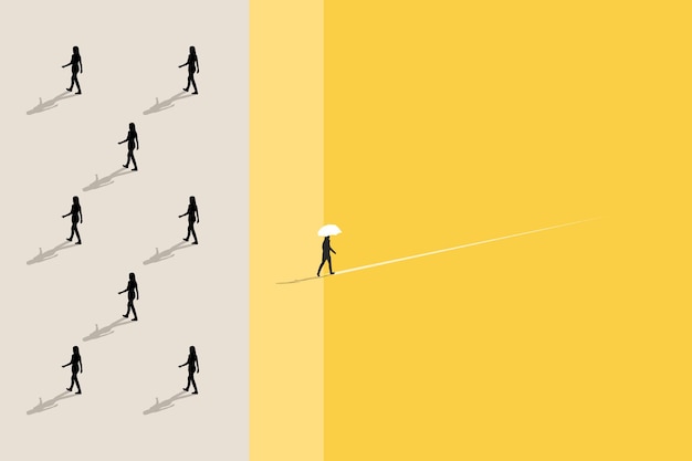 business woman has to make decision which way to go for his success business team or partner go different way different or unique concept