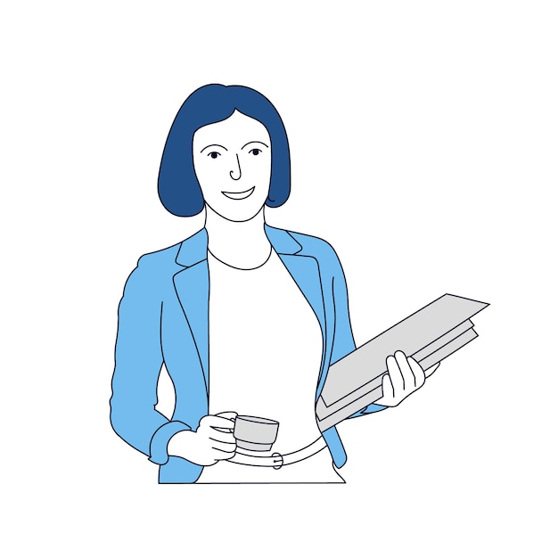 business woman holding a cup of coffee and files line art drawing.