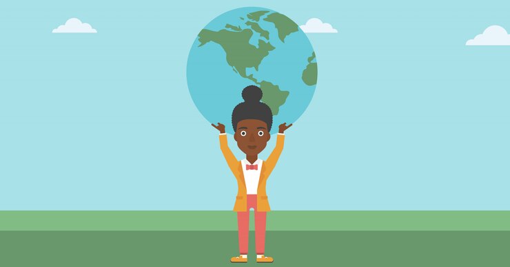 Vector business woman holding earth globe.