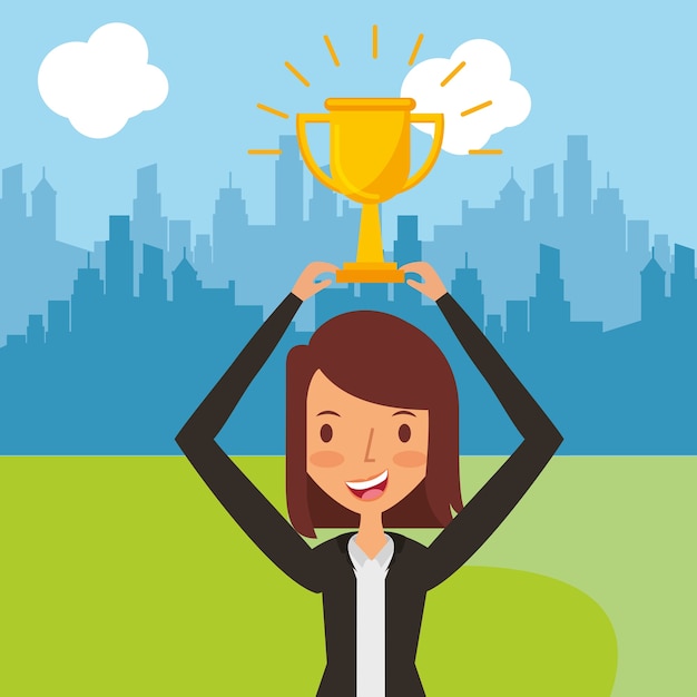 Vector business woman holding golden trophy winner cityscape