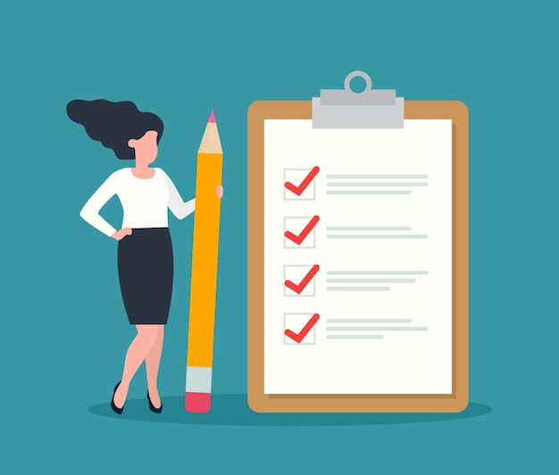 Business woman holding a pencil and standing with completed checklist flat design