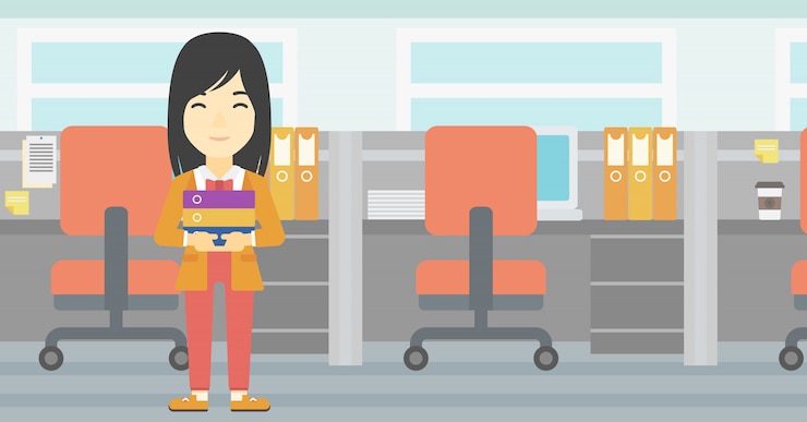 Vector business woman holding pile of folders.