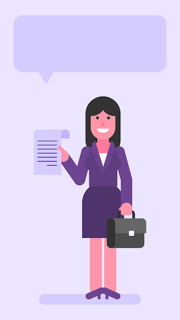 Business woman holding suitcase and document