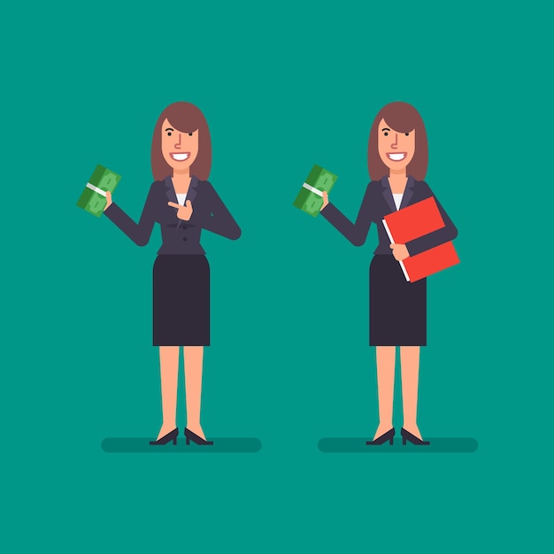 Business woman holds bundle money holds folder and smiling. Business people. Vector illustration.