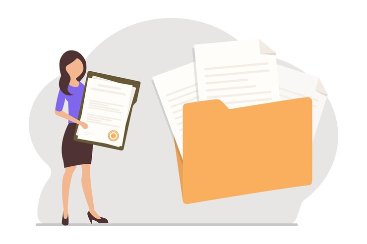 Vector business woman holds paper document. woman adds file to big folder. folder storage of documents