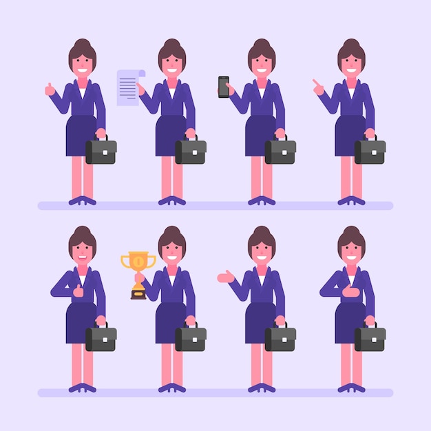 Business woman holds suitcase and various objects. Character set. Vector Illustration