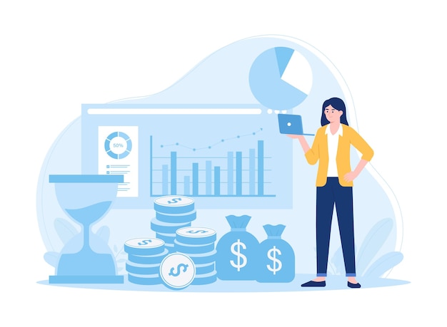 Vector a business woman is analyzing the results of the annual financial report concept flat illustration