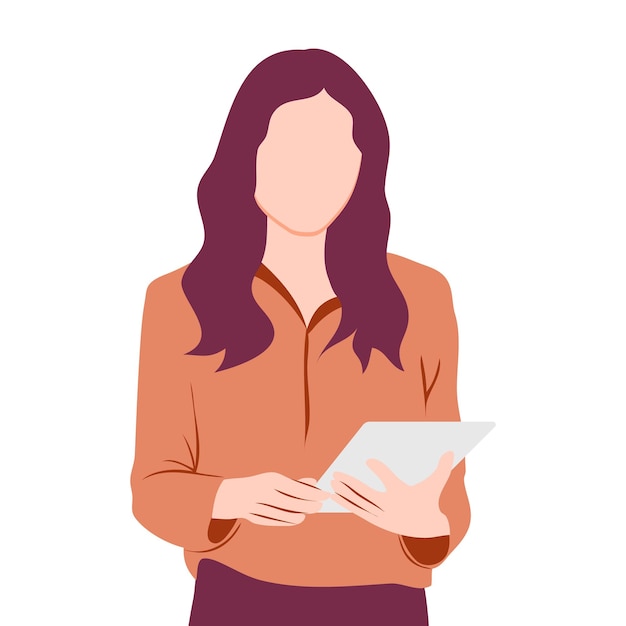 ビジネスの女性は、彼女の手のフラットのベクトル図にタブレットを保持しています。