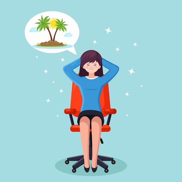 Vector business woman is relaxing and dreaming about vacation on a tropical island at office chair