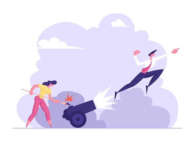 Business Woman is Setting on Fire the Cannon with Businessman Illustration