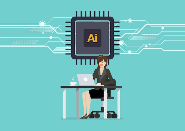 Vector business woman is working on a laptop computer at office desk with ai chip cpu icon ai processor icon ai artificial intelligence chip vector illustration