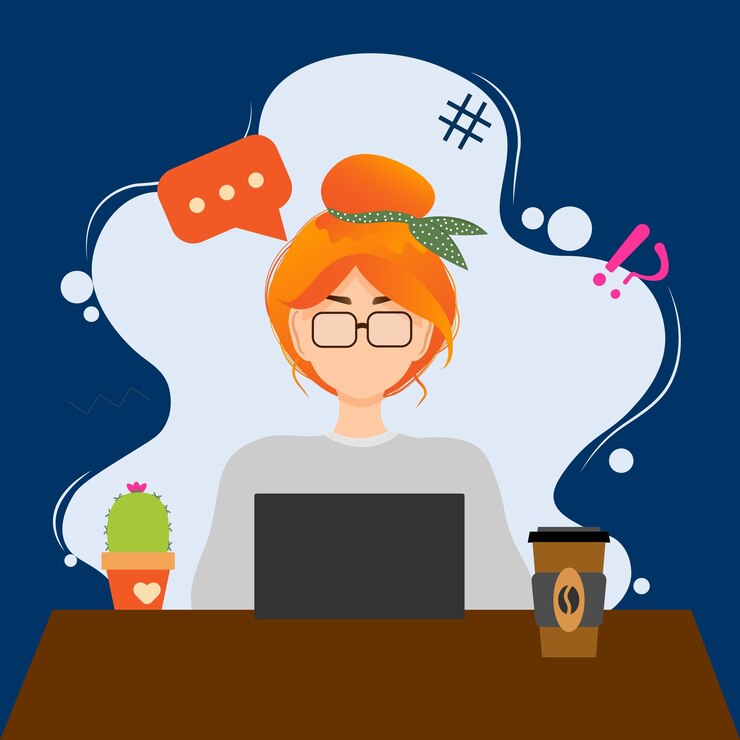 Vector business woman at laptop, worktime with coffe. woman with glasses works online