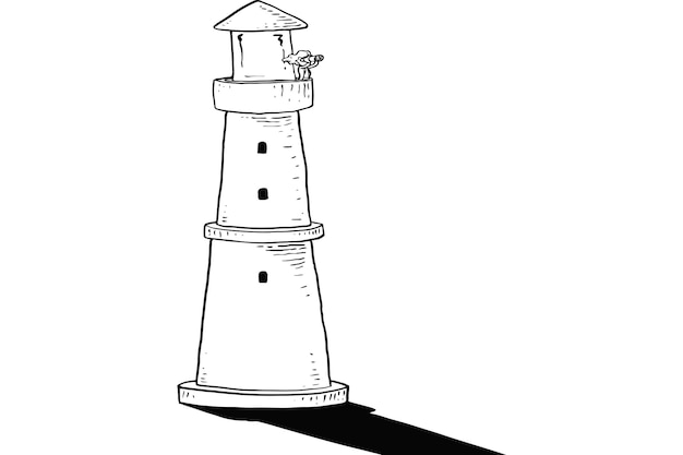 Business woman on lighthouse using spyglass. Vision mission concept