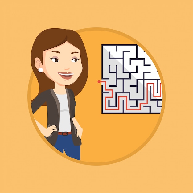 Business woman looking at labyrinth with solution