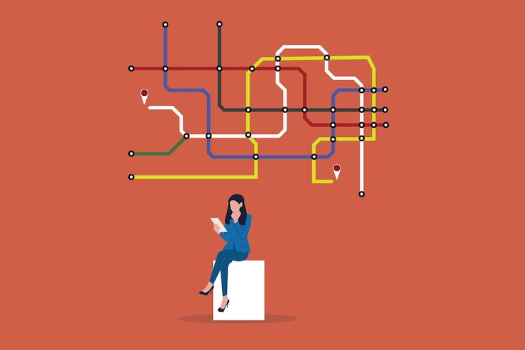 Vector business woman looking at map in subway station concept of establishing new business venture and creating corporate presence