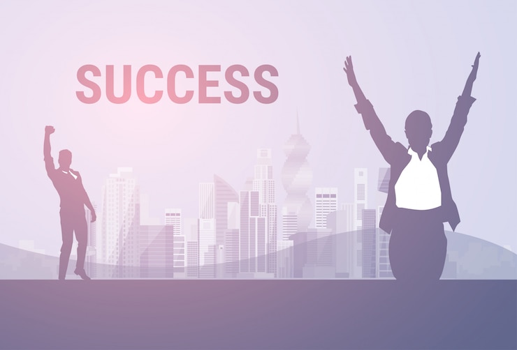 Vector business woman and man silhouette excited raised hands over big city background