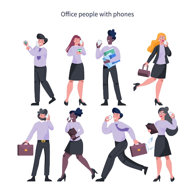 Donna e uomo d'affari con il telefono cellulare. raccolta di femmina e maschio in tuta personaggio tenendo lo smartphone.